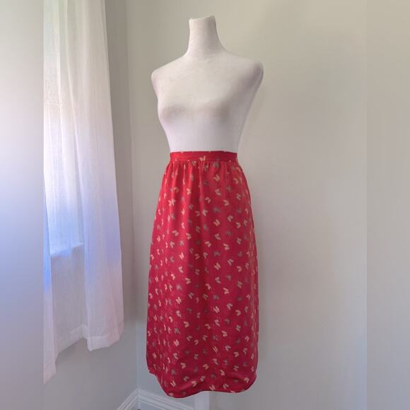Vintage ‘80s Red Butterfly Print Lightweight A-Line Midi Skirt - Picture 2 of 7